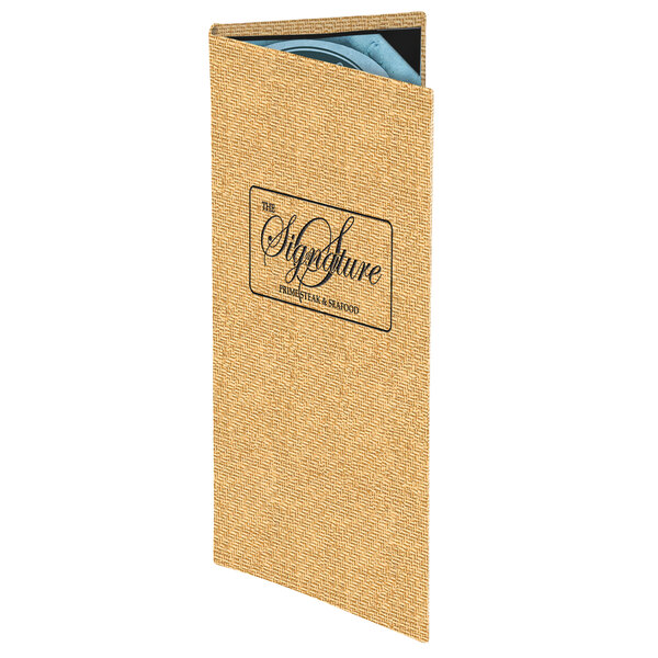 A brown wicker menu cover with a blue label on the front.