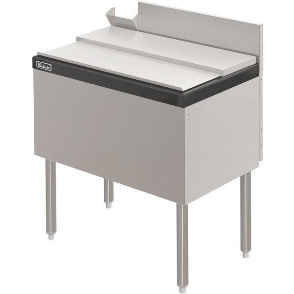 A white rectangular Perlick underbar ice chest with a stainless steel top.