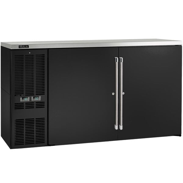 A black Perlick beer dispenser refrigerator with two doors.