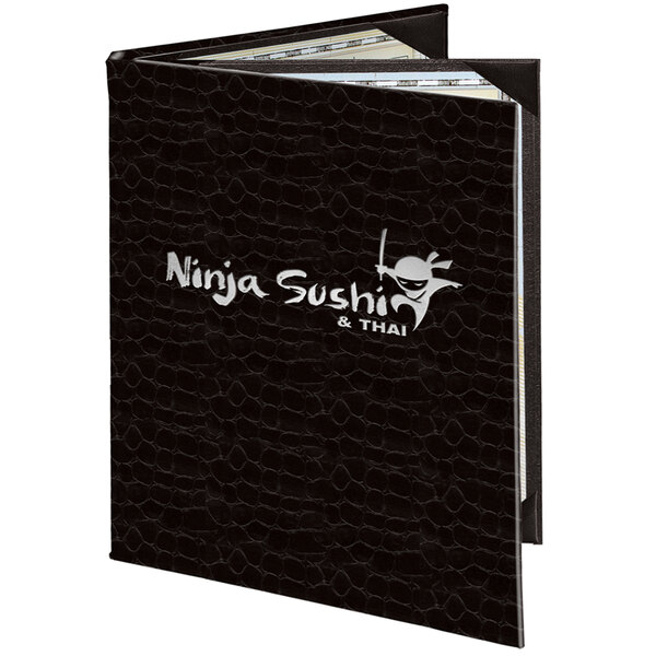 A black Menu Solutions Slim Line triple panel menu cover with white text that reads "Ninja Sushi" on it.