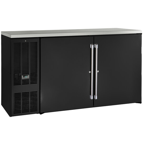 A black Perlick back bar refrigerator with two doors.