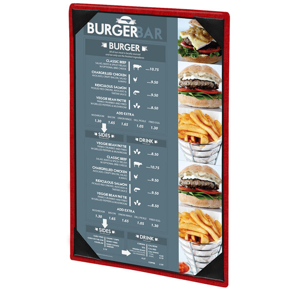A red and white Menu Solutions customizable menu board on a table with a picture of burgers.