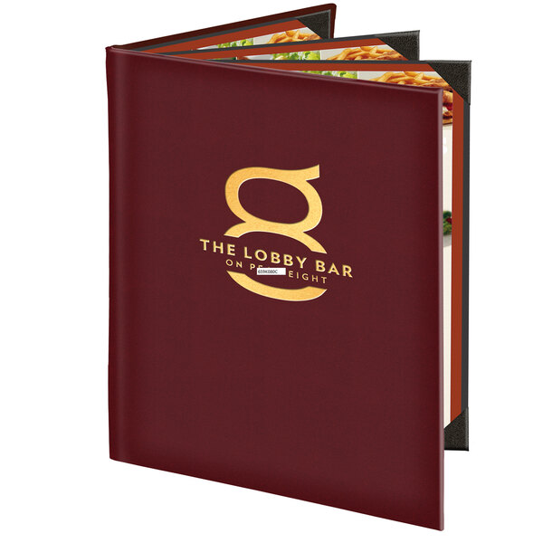 A red Menu Solutions Kensington menu cover with gold lettering.