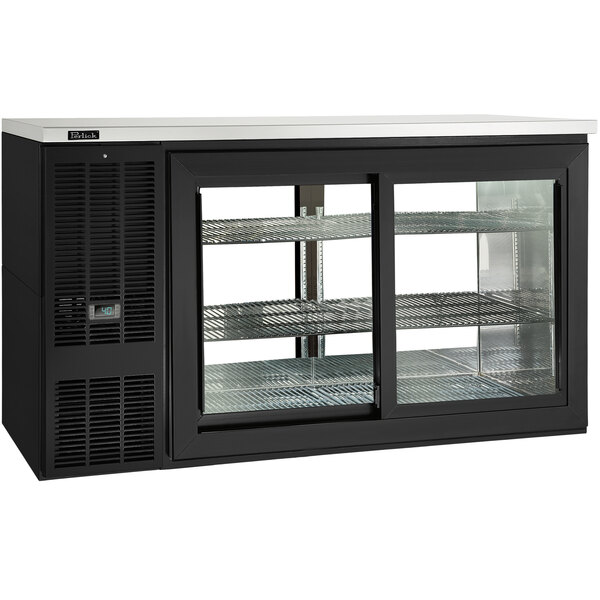 A black Perlick back bar refrigerator with glass sliding doors.