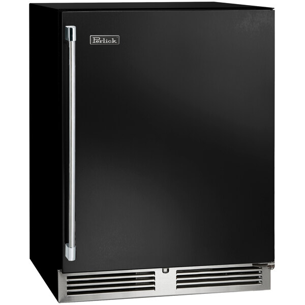 A black Perlick undercounter freezer with a stainless steel door and silver handle.