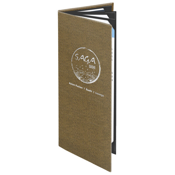 A brown Menu Solutions quad panel menu cover with a white logo on it.