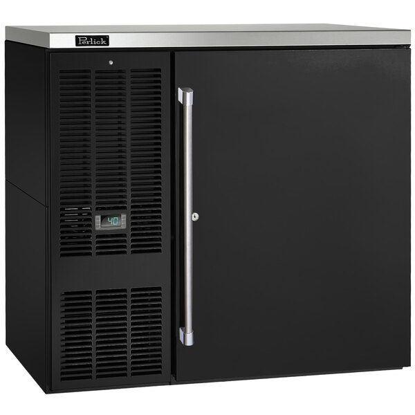 A black Perlick Pass-Thru Back Bar Refrigerator with silver doors.
