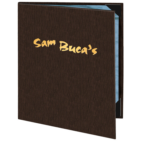 A brown Menu Solutions menu cover with yellow customizable text.