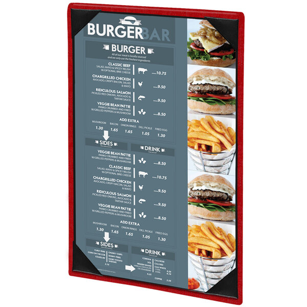 A red and white Menu Solutions Slim Line menu cover on a table with a burger and fries inside.