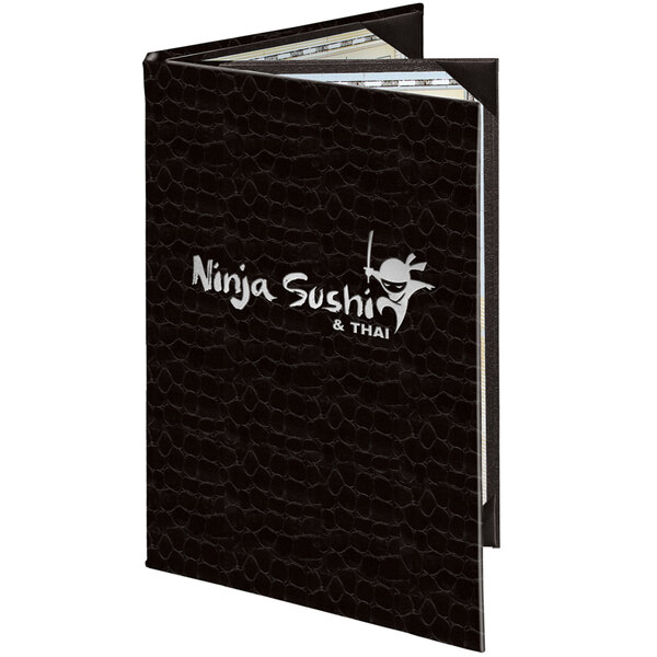 A black Menu Solutions triple panel menu cover with white text reading "Ninja Sushi"