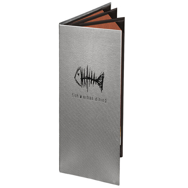 A Menu Solutions quad panel menu cover with a silver fish design on a black background.
