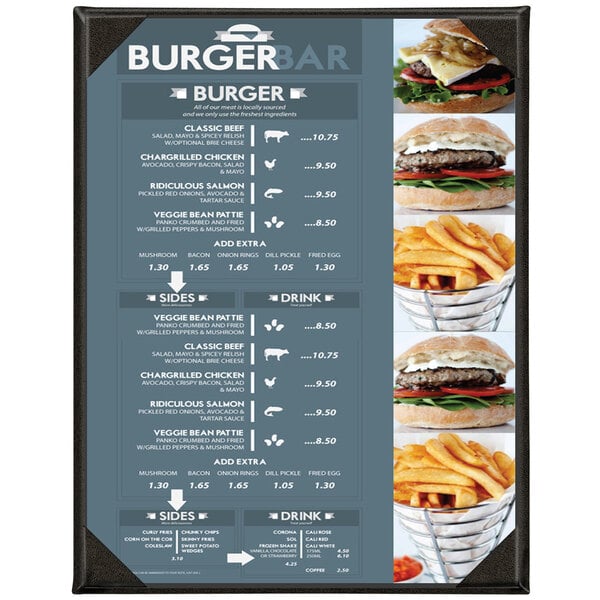 A Menu Solutions Kensington menu cover with a picture of burgers and french fries.