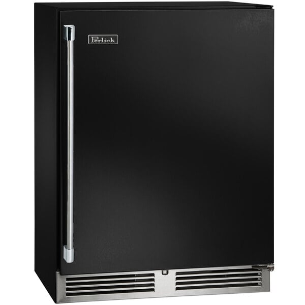 A black Perlick wine refrigerator with a silver handle and an open door.