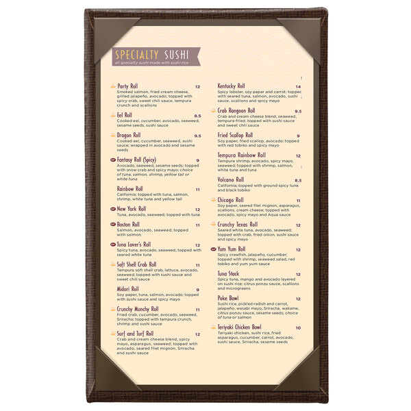 A brown wicker Menu Solutions menu cover on a white surface.