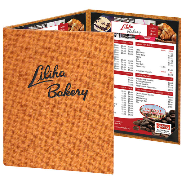 A brown Menu Solutions Water Street wicker menu cover with a white price list.