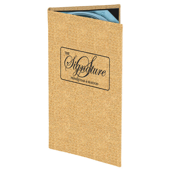 A white Menu Solutions Wicker menu cover with a linen texture.