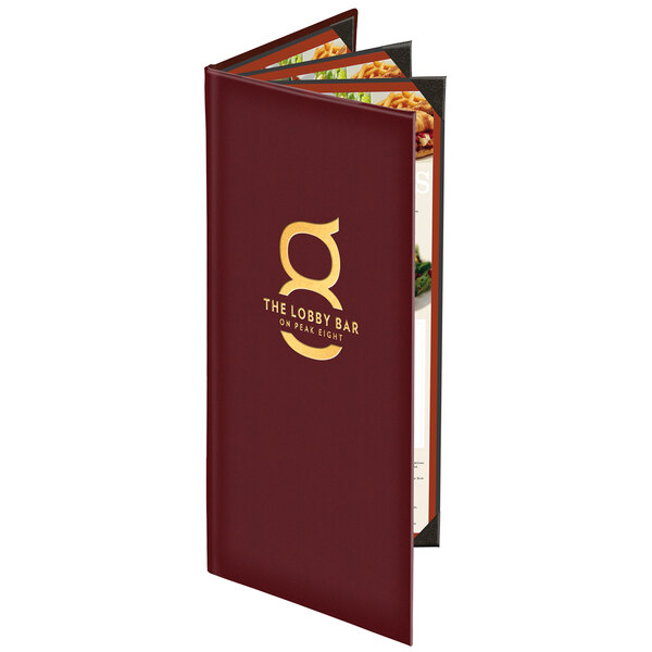 A burgundy Menu Solutions Kensington quad panel menu cover with gold text.