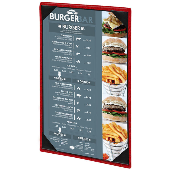A Menu Solutions customizable menu cover on a table with a red and black menu board with a picture of burgers and fries.