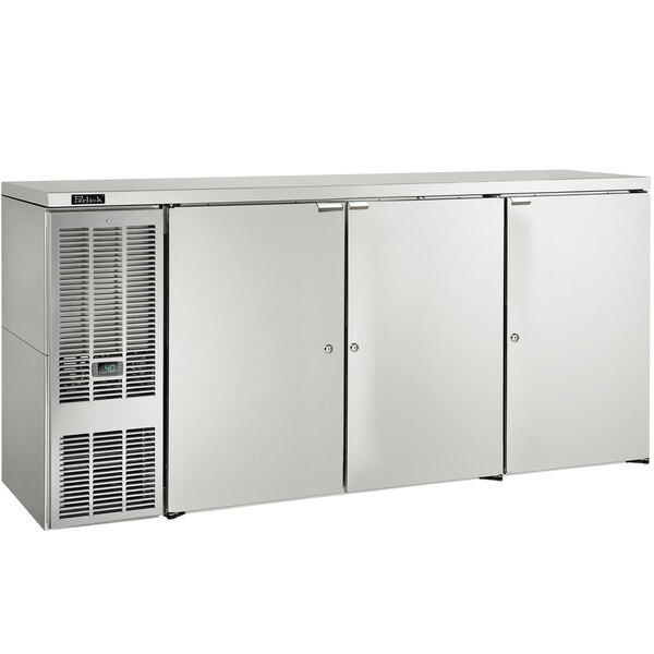 A stainless steel Perlick beer dispenser refrigerator with two doors.