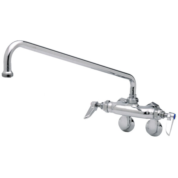 A T&S chrome wall mounted pantry faucet with a handle and a 12" swing nozzle.