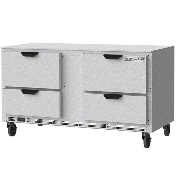 A white steel Beverage-Air undercounter refrigerator with 4 drawers on wheels.