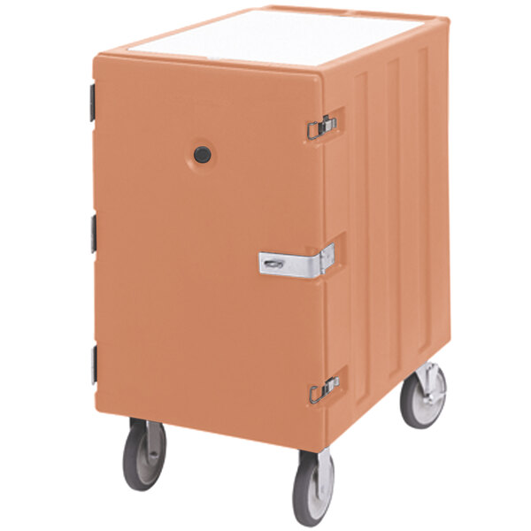 A beige Cambro mobile cart with a large orange container on wheels.