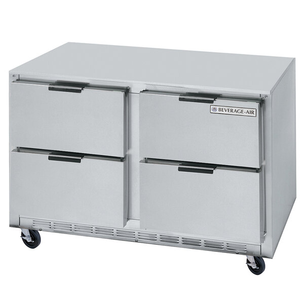 A stainless steel Beverage-Air undercounter refrigerator with drawers.