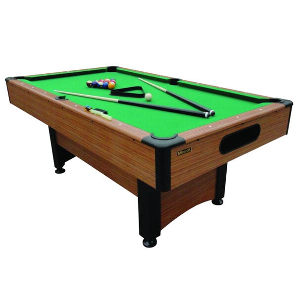 A Mizerak Dynasty pool table with cue sticks and balls.