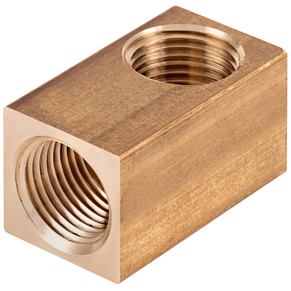 A brass T&S short elbow threaded pipe fitting with metal nuts on both ends.