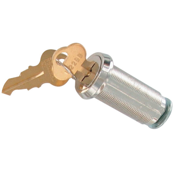 A metal key in a metal cylinder with a Beverage-Air logo.
