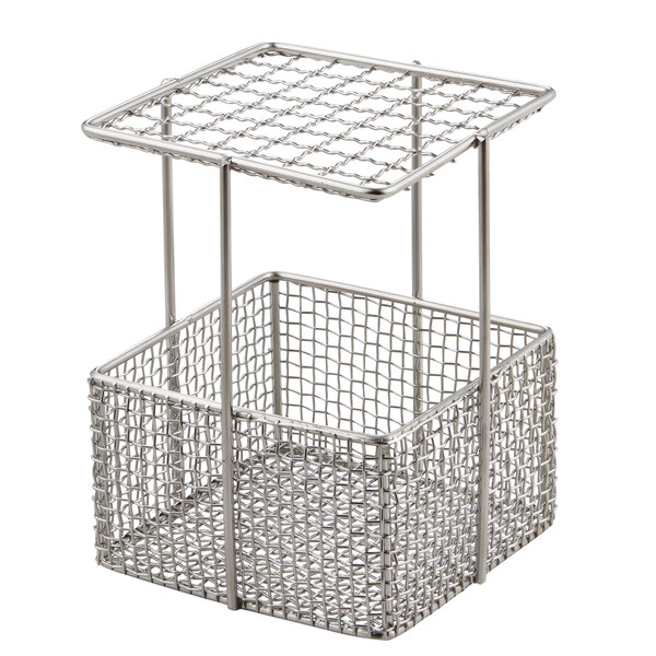 An American Metalcraft stainless steel straw storage basket with two compartments on top.