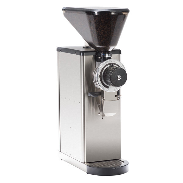 A Bunn stainless steel bulk coffee grinder.