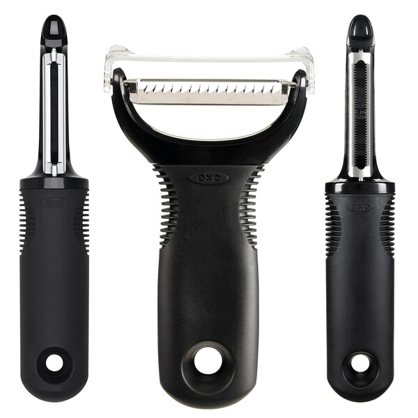 A group of OXO black and stainless steel peelers.