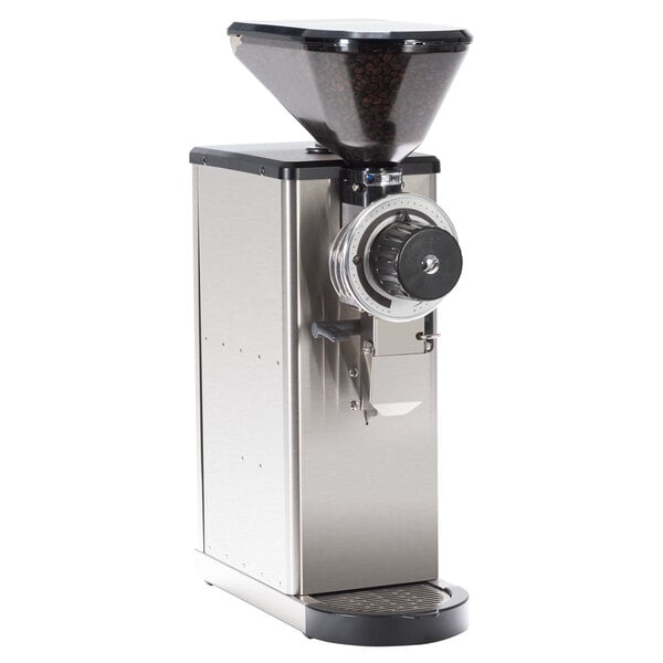 A Bunn stainless steel coffee grinder with a black plastic container and black handle.