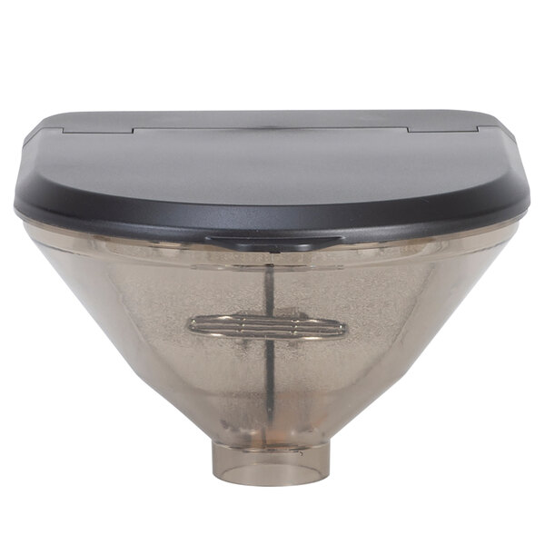 A clear plastic hopper with a black lid for a Bunn coffee grinder.