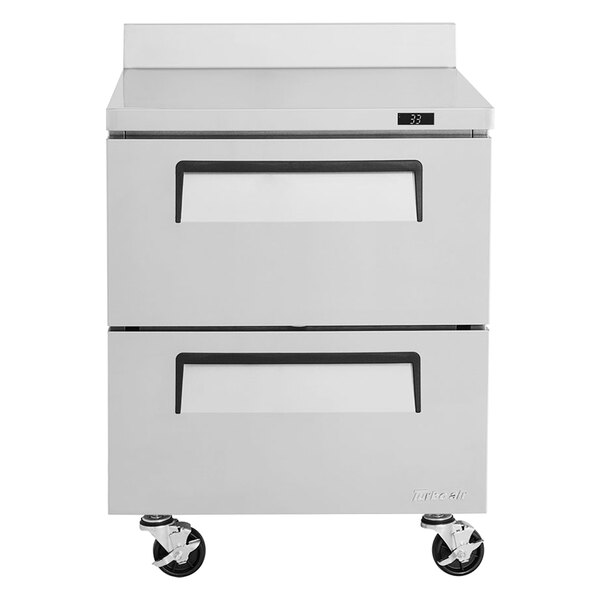 A white Turbo Air worktop refrigerator with two drawers.