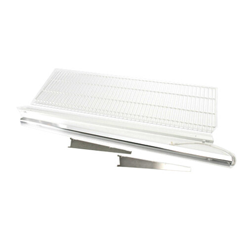 A white metal shelf with metal bars.