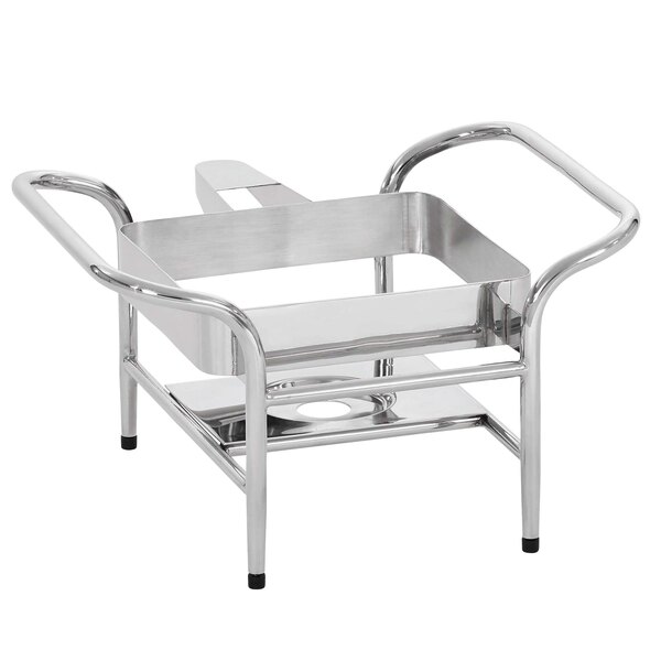 A stainless steel Vollrath induction chafer stand with two legs and a fuel holder.
