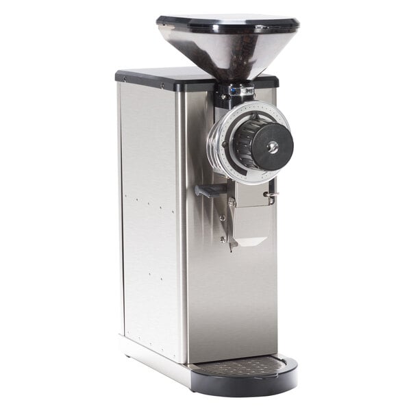 A stainless steel Bunn bulk coffee grinder with a black lid.
