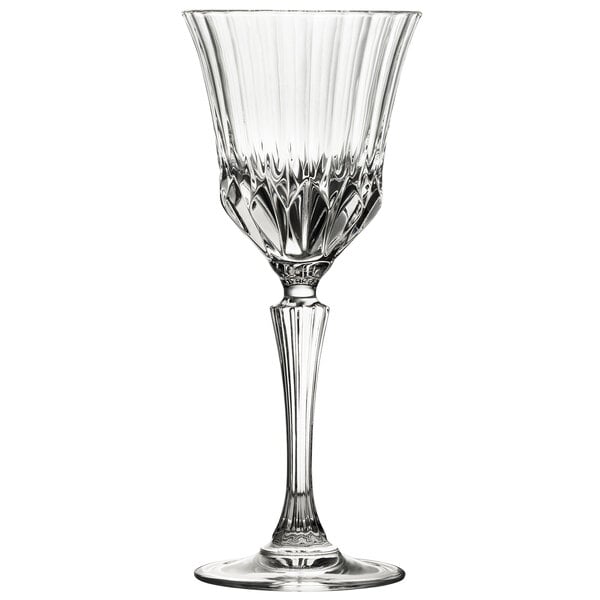 A close-up of a 10 Strawberry Street Adagio white wine glass with a crystal stem.