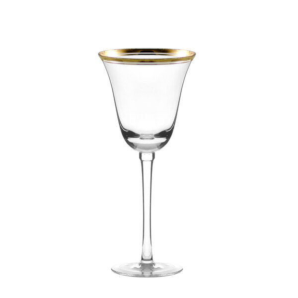 A clear wine glass with a gold rim and long stem.