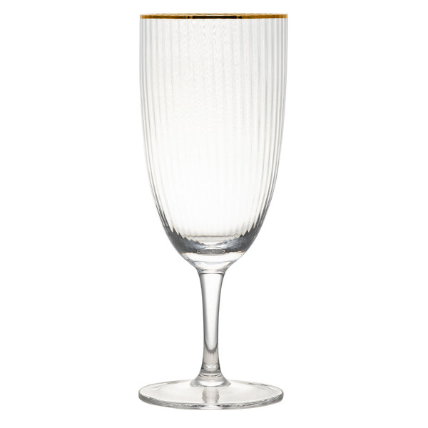 A 10 Strawberry Street clear glass wine goblet with a gold rim and stem.