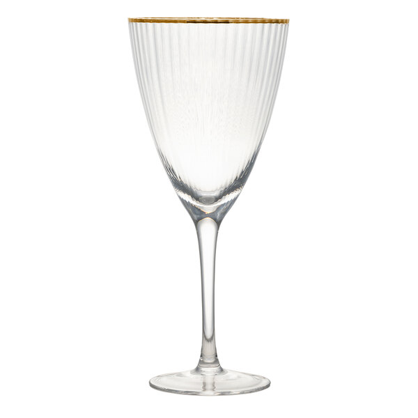 A clear wine glass with a gold rim and a stem.