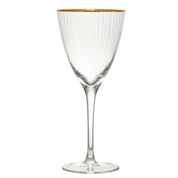 A clear wine glass with a gold rim on a white background.