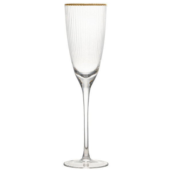 A clear 10 Strawberry Street champagne flute with a gold rim and thin stem.