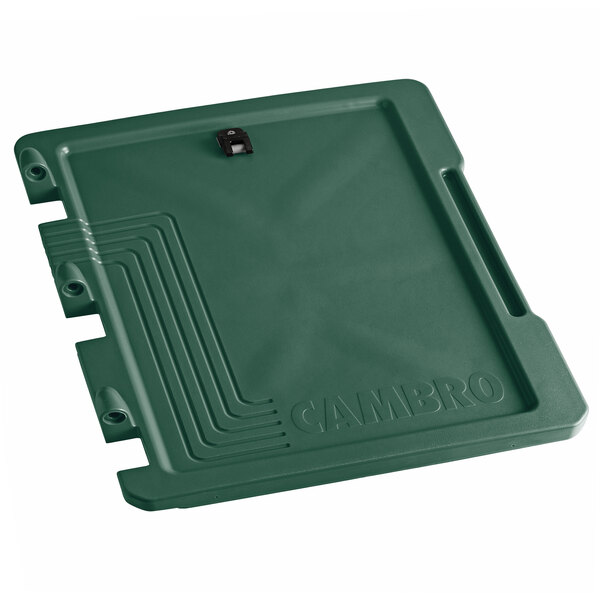 A green plastic Cambro door cover with a black logo clip.