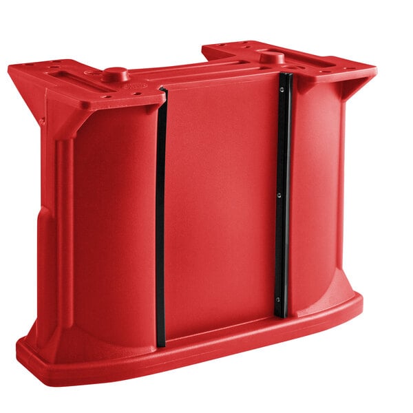 A red plastic object with black straps and panels.