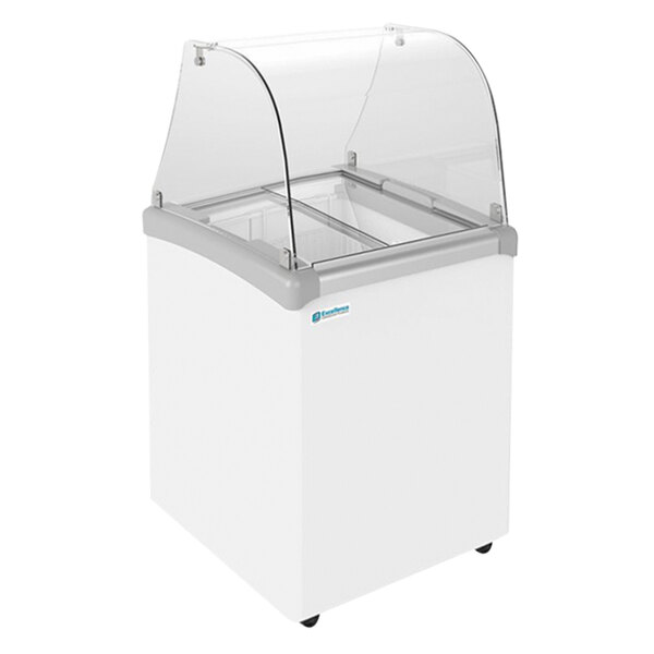 A white freezer with a clear curved glass top.