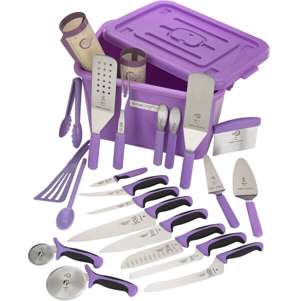 A Mercer Culinary purple allergen-free storage tote with utensils and knives inside.