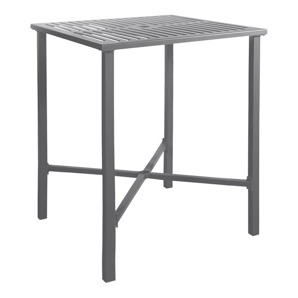 A BFM Seating Daytona bar height table with a gray metal frame and square metal top.